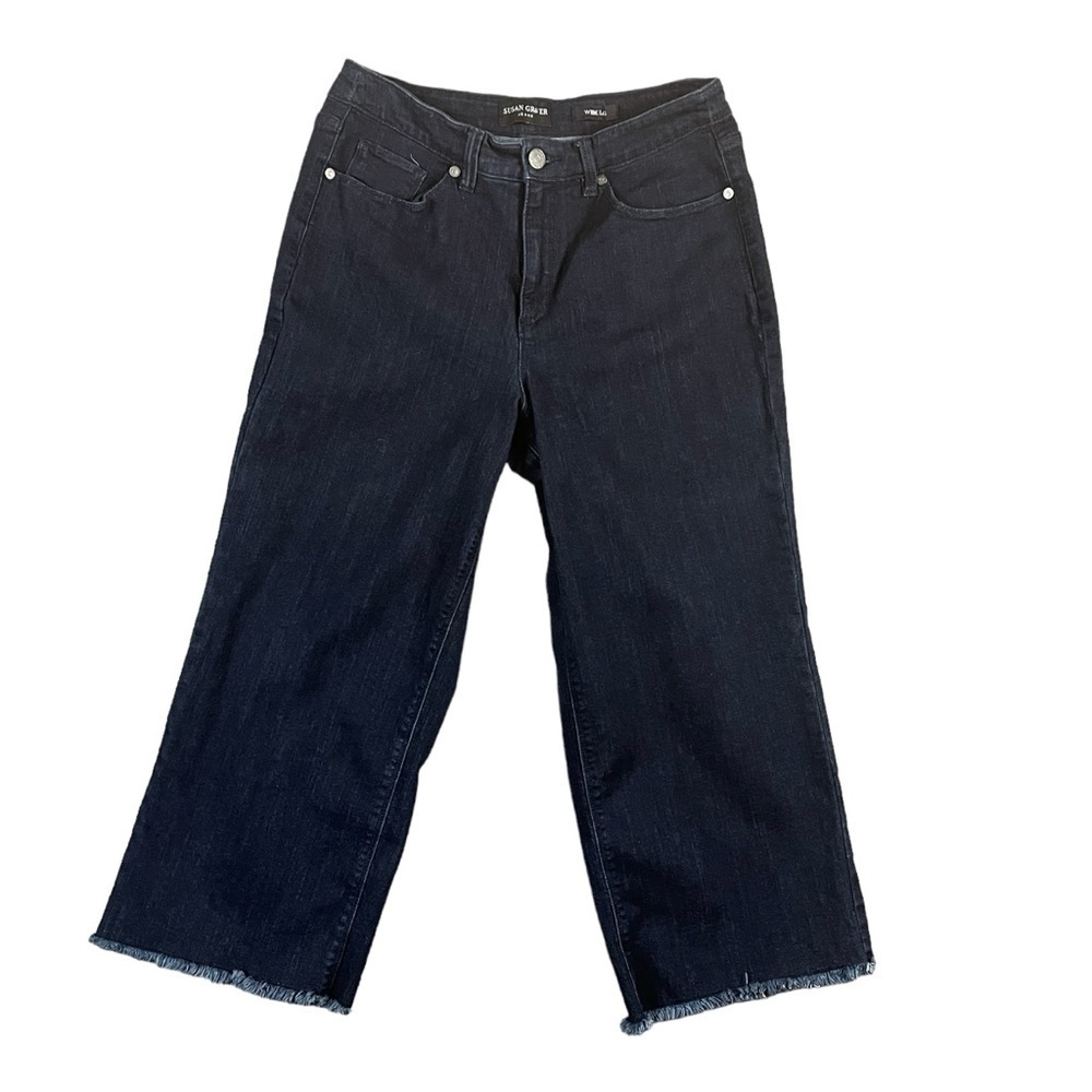 Susan Graver Wide Leg Cropped Raw Hem Dark Wash Stretch Jeans Size 10P
